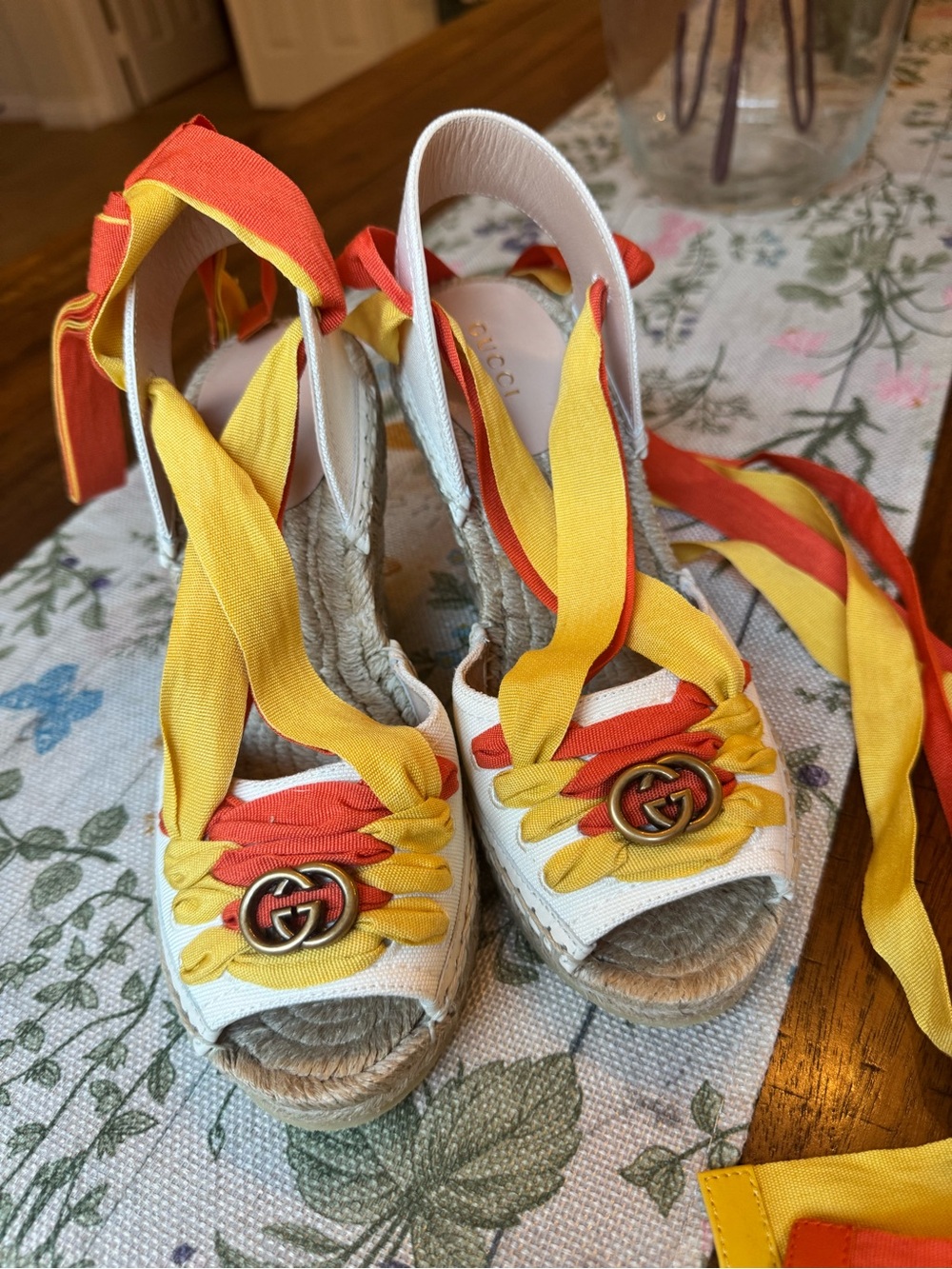 Gucci White Espadrille Wedges with Yellow & Orange Ribbon Detail